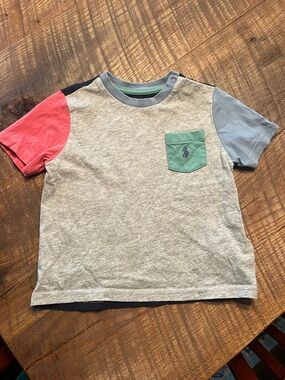 Ralph Lauren Colorblock Short Sleeve Tee in Heather Gray with Coral and Slate